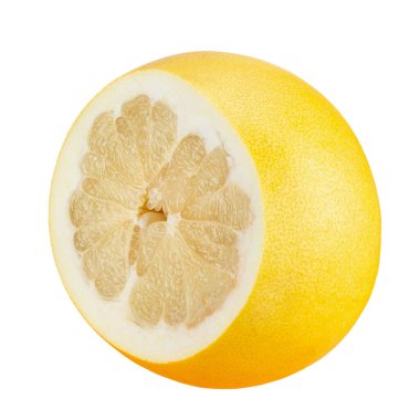 Beyaz arka planda izole edilmiş taze sarı aromalı meyve. Beyaz arka planda taze greyfurt. Dosya kırpma yolu içeriyor. Tam alan derinliği