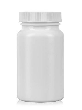 Beyaz plastik ilaç şişesi. Beyaz bir arka planda izole edilmiş. Dosya kırpma yolu içeriyor