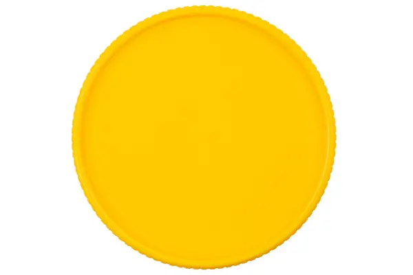 Vista Superior Tampa Plástico Amarelo Isolado Fundo Branco Tampa Frasco — Fotografia de Stock