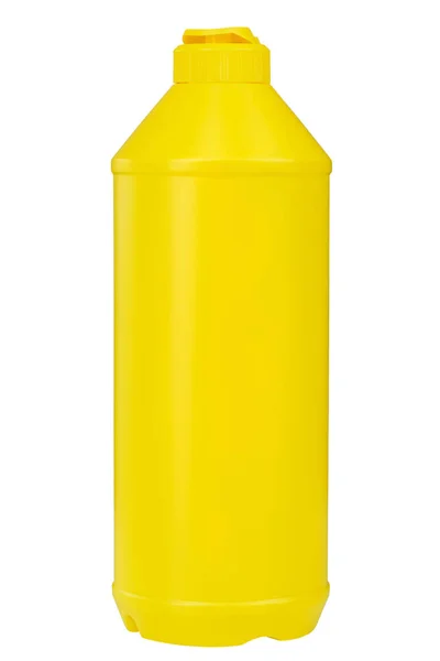 Gelbe Plastikflasche Mit Reinigungsflüssigkeit Auf Weißem Hintergrund Datei Enthält Schnittpfad — Stockfoto