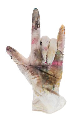 Heavy metal fingers in a rubber glove stained with paints. Isolated on white background. File contains clipping path.