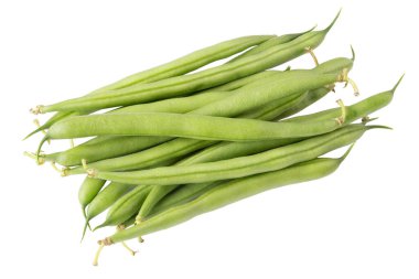 Beyaz arka planda izole edilmiş yeşil fasulyeler. Sağlıklı sebzeler. Dosya kırpma yolu içeriyor.