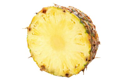 Ananasın yarısı izole. Beyaz arka planda ananas kes. Dosya kırpma yolu içeriyor. Tam alan derinliği