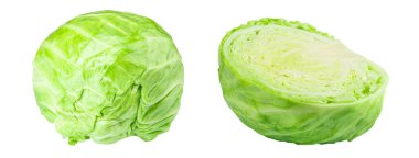 Lahana seti. Olgun yeşil lahana beyaz arka planda izole edilmiş, yakın plan. Dosya kırpma yolu içeriyor. Tam alan derinliği.