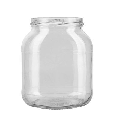 Beyaz arka planda izole edilmiş boş cam kavanoz. Dosya kırpma yolu içeriyor. Tam alan derinliği.