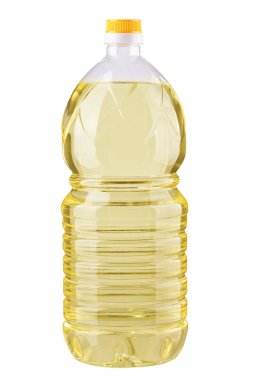 Beyaz arka planda izole edilmiş büyük bir şişe ayçiçeği yağı. Dosya kırpma yolu içeriyor. Tam alan derinliği.