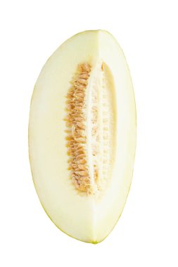 Dilimlenmiş kavun beyaz arka planda izole edilmiş. Dosya kırpma yolu içeriyor. Tam alan derinliği. Yiyecek konsepti.