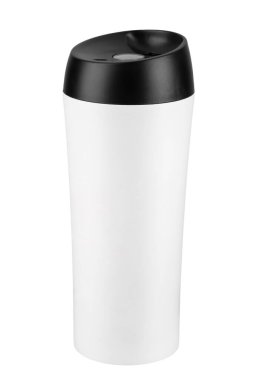 Beyaz, paslanmaz çelikten yapılmış termo bardak. Şişe lekesiz, termos. Dosya kırpma yolu içeriyor.