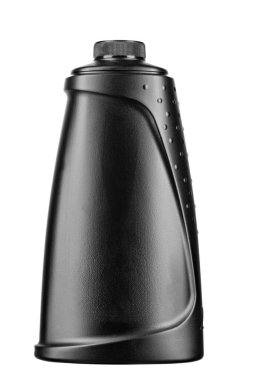 Black plastic bottle isolated on a white background, detergent for ware and cleaning in kitchen. Cleaner. Insulated packaging for catalog. File contains clipping path.