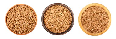 Beyaz arka planda izole edilmiş kabın içindeki kuru karabuğday taneleri toplayın. Dosya kırpma yolu içeriyor. Üst görünüm.