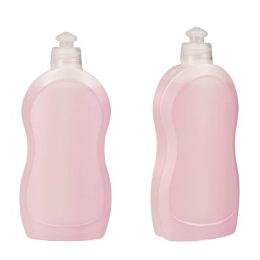 Deterjanlı iki plastik şişe. İsimsiz. Beyaz arka planda izole edilmiş. Dosya kırpma yolu içeriyor