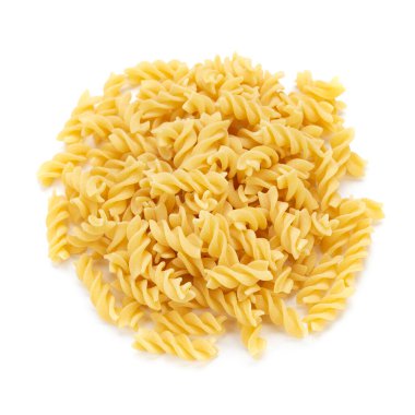 Raw pasta Fusilli isolated on white background. Raw and Dry Macaroni. Italian Culture. Top view.