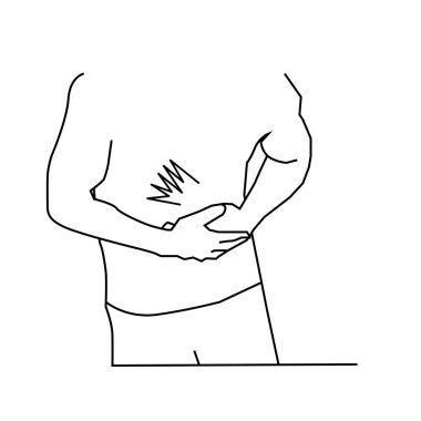 Mide ağrısı olan bir adamın robot resmi beyaz arka planda izole edilmiş. Karnım ağrıyor..