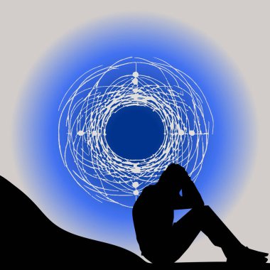 Depresyonun kavramsal çizimi, sürekli hüzün duyguları, umutsuzluk ve aktivitelere ilgi eksikliği..