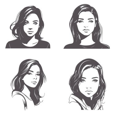 Bir dizi Kavramsal Mürekkep Çizim Genç Kız Yüz Sanatı Portrelerinin Çizimi