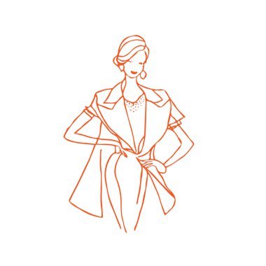 El çizimi çizimi olan zarif takım elbiseli bir kadın. Kadın güzelliğinin moda illüstrasyonu.