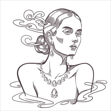 Güzel bir kadının siyah beyaz çiziminin vektör çizimi