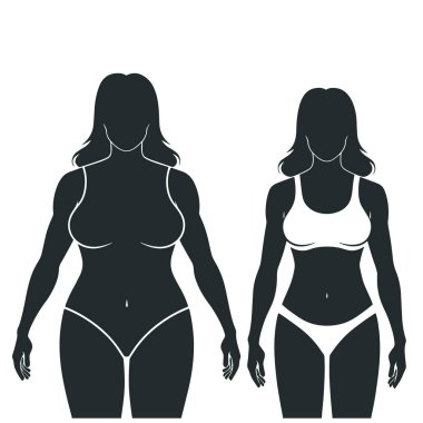 Kilo verdikten önce ve sonra siyah beyaz bir kadın resmi. Görüntü düz bir şekilde. Kadın, kilo kaybetmeden önce ince bir siluet ve kilo verdikten sonra ince bir siluet olarak gösteriliyor..