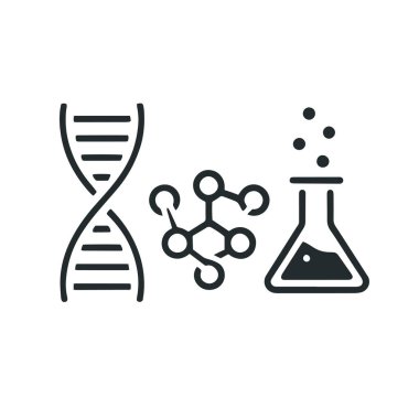Bir stilize DNA sarmalı, bir glikoz molekülünün moleküler yapısı ve bir kimyasal matara. DNA sarmalı ve glikoz molekülü 