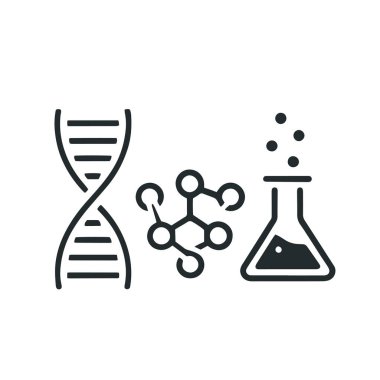 Bir stilize DNA sarmalı, bir glikoz molekülünün moleküler yapısı ve bir kimyasal matara. DNA sarmalı ve glikoz molekülü 