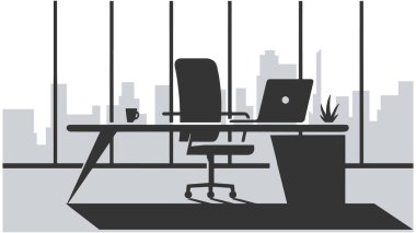 Modern ofis işyeri. Ofis kurulumunun, ofis masasının minimalist siyah beyaz vektör çizimi.