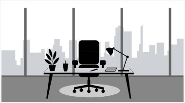 Modern ofis işyeri. Ofis kurulumunun, ofis masasının minimalist siyah beyaz vektör çizimi.