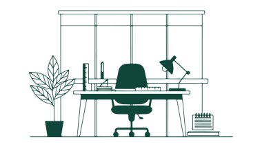 Modern ofis işyeri. Ofis kurulumunun, ofis masasının minimalist siyah beyaz vektör çizimi.