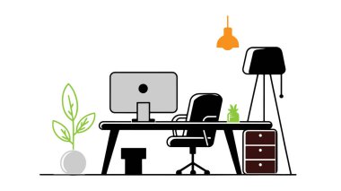 Modern ofis işyeri. Ofis kurulumunun, ofis masasının minimalist siyah beyaz vektör çizimi.