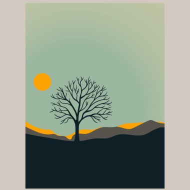 Minimalist Gece Sahnesi Çıplak Ağaç ve Ay. Ağaçlı soyut siluet manzara. vektör