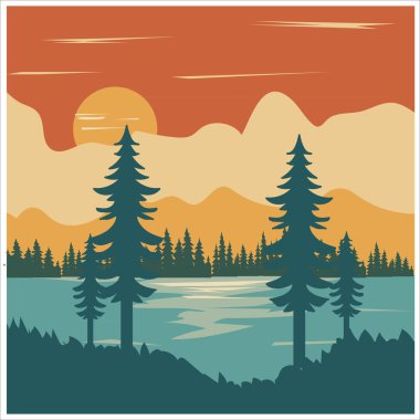 Çam Ağaçları ve Göl ile Günbatımı Manzarası