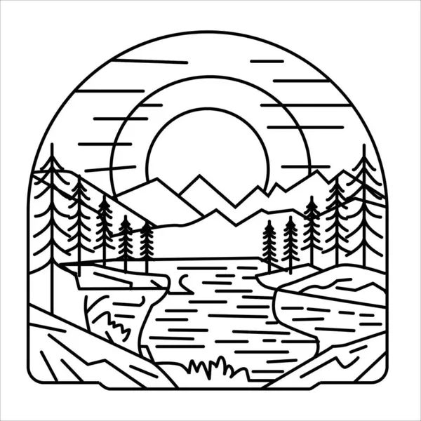 Doğanın vektör tasarımı. Göl çizgisi, dağ, çam ağacı ve güneş çizimi.. 