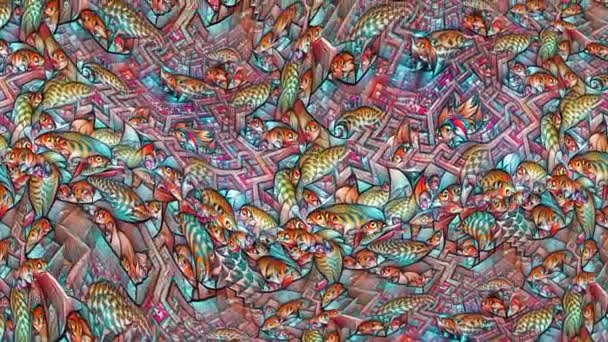 Gulungan Bergolak Dari Ukiran Kuno Ilustrasi Ikan Surealis Pola Lukisan — Stok Video