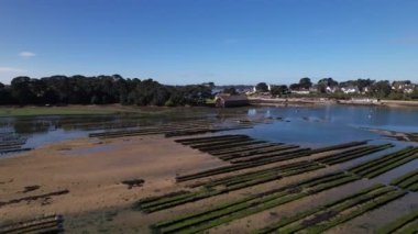 Morbihan 'daki Berder Adası' ndaki istiridye çiftliklerinin panoramik gökyüzü manzarası
