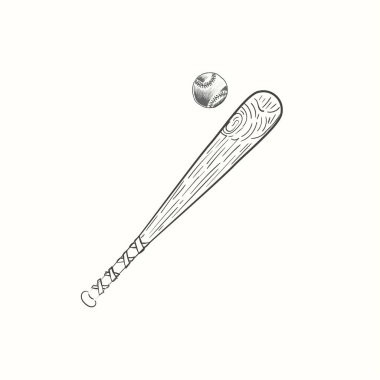 Beyzbol sopası ve top vektör çizimi siyahla çizilmiş.