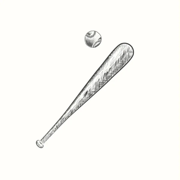 Handgetekende Honkbalknuppel Bal Vector Illustratie Zwart Gedetailleerd Vintage Stijl — Stockvector