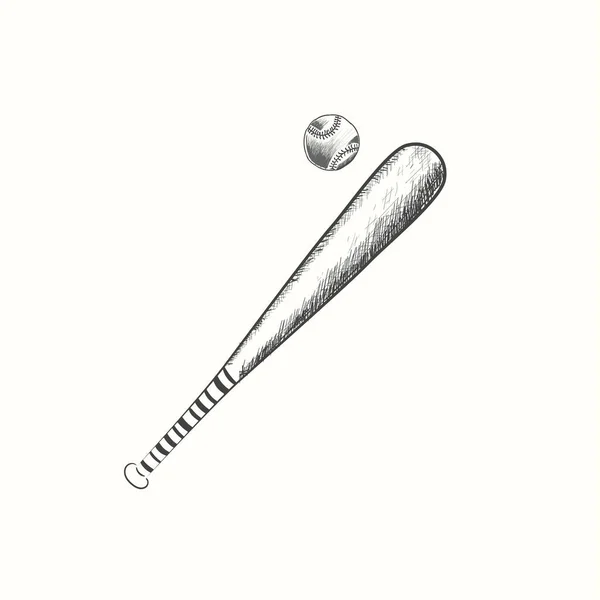 Handgetekende Honkbalknuppel Bal Vector Illustratie Zwart Gedetailleerd Vintage Stijl — Stockvector
