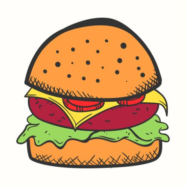 Domates peynirli et ve salatalı çizilmiş hamburger çizimi.