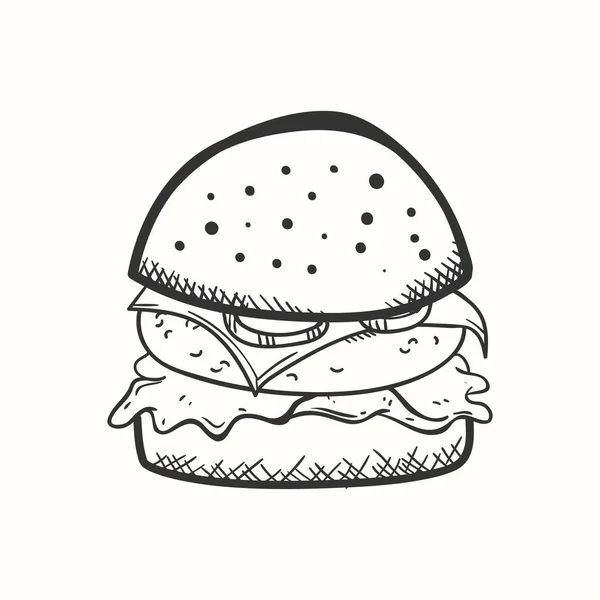 手绘汉堡包 配上番茄芝士肉和素描式沙拉 — 图库矢量图片
