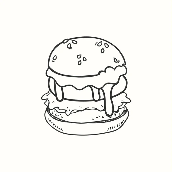 Μια Μεγάλη Χειροποίητη Διανυσματική Απεικόνιση Burger Κρέας Σαλάτα Και Λιωμένο — Διανυσματικό Αρχείο