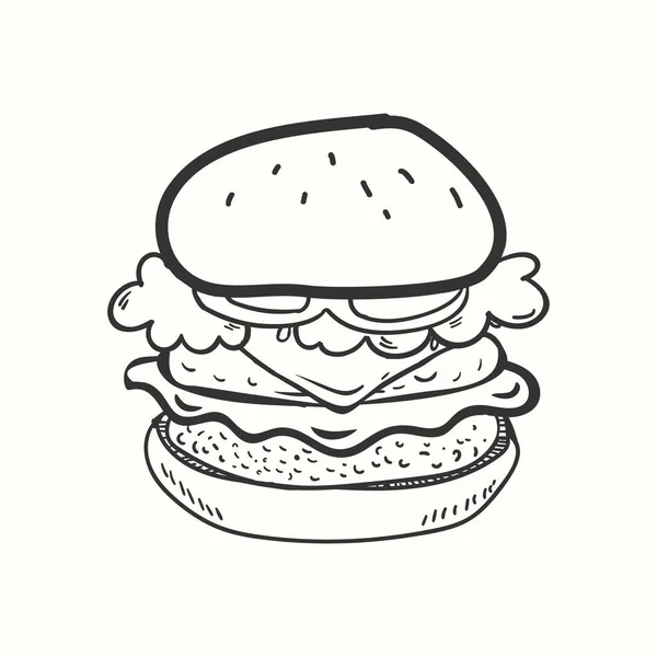 Grande Hambúrguer Desenhado Mão Ilustração Com Carne Salada Queijo — Vetor de Stock