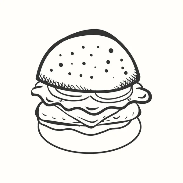 Hamburger Dessiné Main Avec Viande Tomate Salade Dans Style Vintage — Image vectorielle