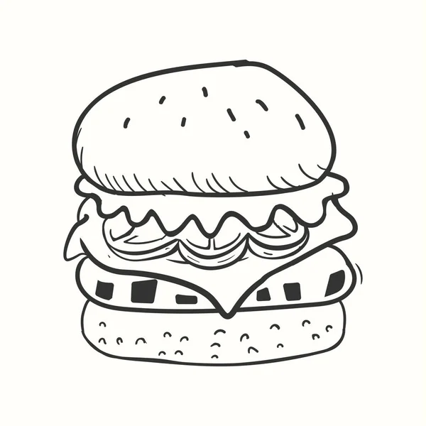 Ręcznie Rysowany Burger Mięsem Pomidorowym Sałatką Stylu Vintage — Wektor stockowy