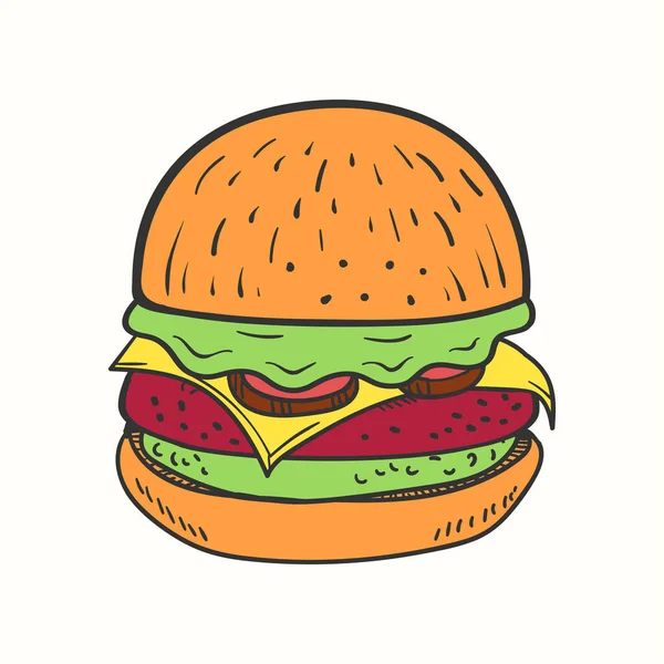 Handgezeichnete Burger Illustration Mit Tomate Und Salat Burger Vektorillustration — Stockvektor