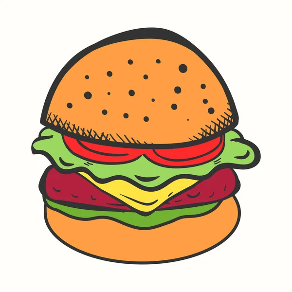 Ręcznie Rysowane Ilustracja Burger Pomidorowego Mięsa Sałatki Stylu Doodle — Wektor stockowy