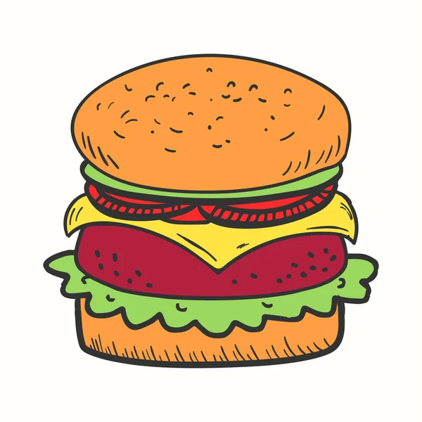 Illustration Contour Hamburger Dessinée Main Illustration Vectorielle Burger Fast Food — Image vectorielle