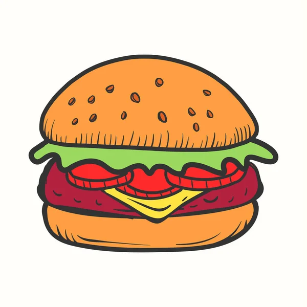 Burger Doodle Ícone Ilustração Ilustração Burger Desenhado Mão — Vetor de Stock