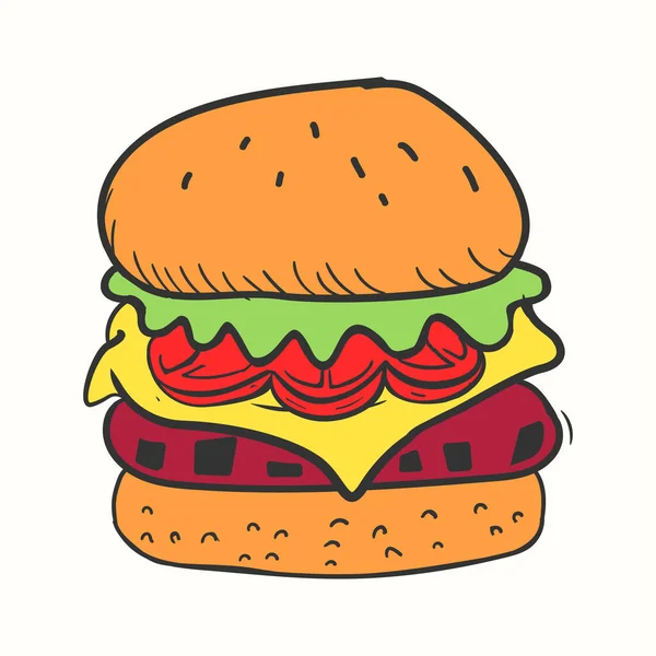 Elle Çizilmiş Burger Çizimi Domates Peynirli Klasik Salata — Stok Vektör