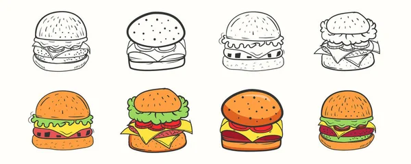 Ręcznie Rysowane Kreskówki Stylu Hamburgery Wektor Ilustracja Zestaw — Wektor stockowy