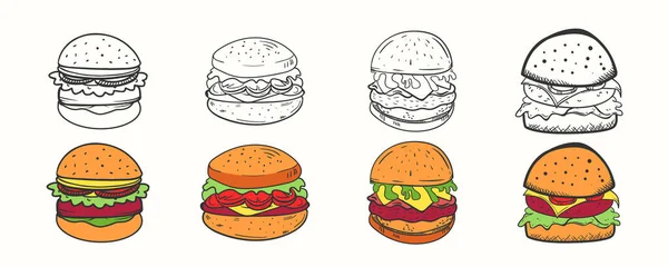 手描きの漫画スタイルのハンバーガーのイラストベクトルセット — ストックベクタ