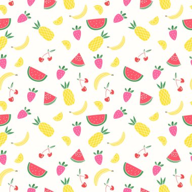 Düz yaz desenli tropikal meyveli tasarım. Karpuz. Çilekli. ananas